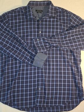 Bugatchi Shirt Mens 2XL Blue Plaid Classic Fit  Button Up Long Sleeve